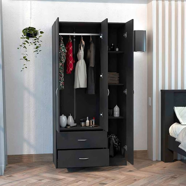 Tuhome Austral 3 Door Armoire with Drawers, Shelves, and Hanging Rod, Black CLW3932 - main